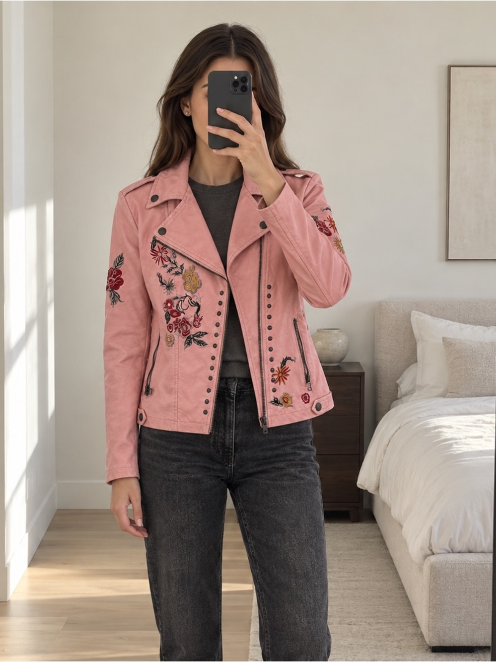 Luii Pink Floral Embroidered Faux Leather Moto Biker Jacket Studded Size S NWT